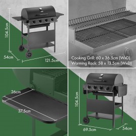 VonHaus Gas BBQ – Barbecue with x4 Gas Burners, Warming Rack, Fold Dow