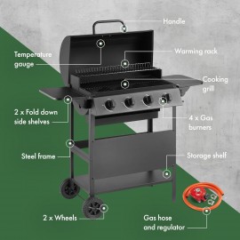 VonHaus Gas BBQ – Barbecue with x4 Gas Burners, Warming Rack, Fold Dow