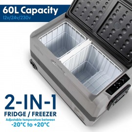 Dellonda 60L Portable Car Fridge, Freezer, 12/24V Dual Zone Compressor