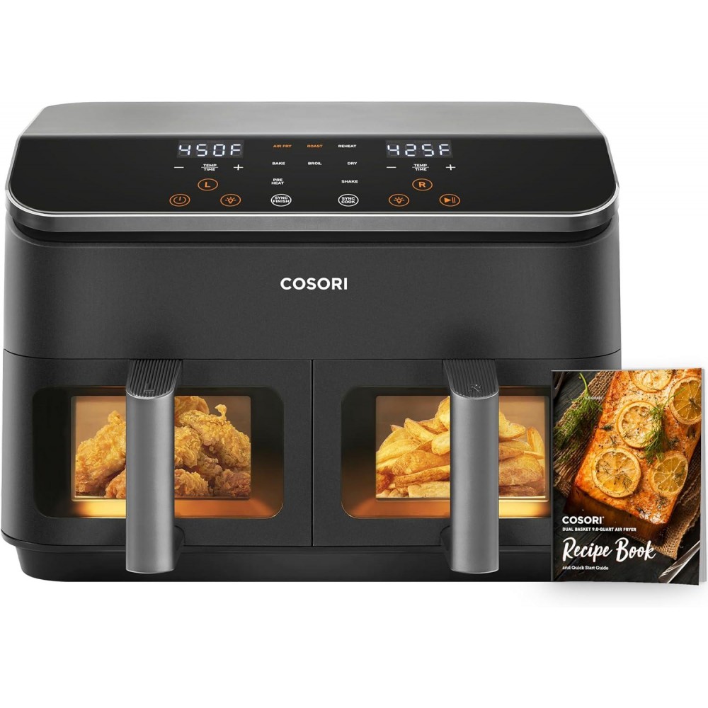 COSORI 9Qt Dual Air Fryer with Wider Double Basket, Cooking Meals at O
