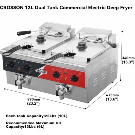 CROSSON 12L Dual Tank Countertop Electric Deep Fryer with Drain,Solid