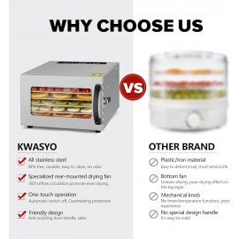 Kwasyo Stainless Steel Food Dehydrator, 6 Tray Fruit Dryer Machine wit