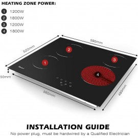 GIONIEN Ceramic Hob 60cm Electric Cooktop Burner, Built in Black Glass