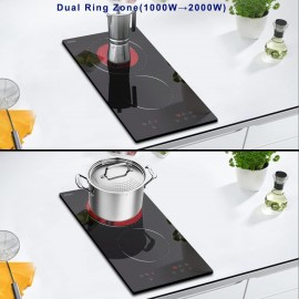 2 Zone Ceramic Hob, Hobsir Built-in Electric Hob 30cm, 3200W, Touch Co