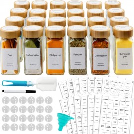 Kiousrm 24 Pcs Glass Spice Jars with Bamboo Airtight Lids and 398 Labe