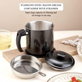 Kyraton Black Bacon Grease Container with Strainer, 1.4L Black Coating