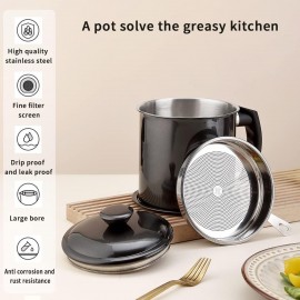 Kyraton Black Bacon Grease Container with Strainer, 1.4L Black Coating