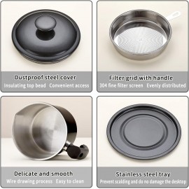 Kyraton Black Bacon Grease Container with Strainer, 1.4L Black Coating