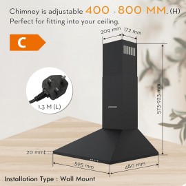 FIREGAS Black Chimney Cooker Hood 60cm with Carbon Filters Stainless S
