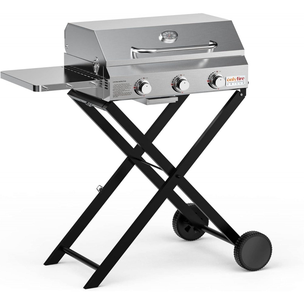 Onlyfire BBQ Gas Grill 3-Burner with Foldable Cart & Side Table, Porta