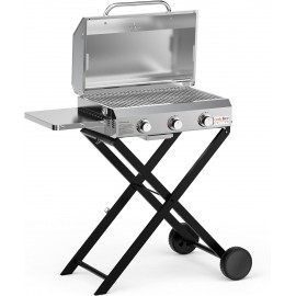 Onlyfire BBQ Gas Grill 3-Burner with Foldable Cart & Side Table, Porta
