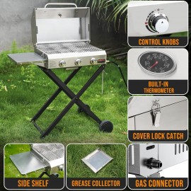 Onlyfire BBQ Gas Grill 3-Burner with Foldable Cart & Side Table, Porta