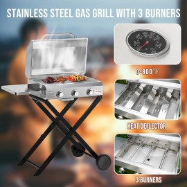 Onlyfire BBQ Gas Grill 3-Burner with Foldable Cart & Side Table, Porta