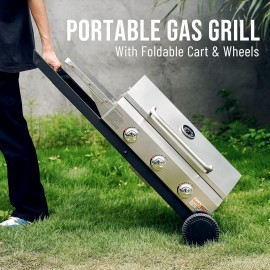 Onlyfire BBQ Gas Grill 3-Burner with Foldable Cart & Side Table, Porta