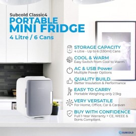 Subcold Classic4 Mini Fridge - Cooler & Warmer | 4 Litre/6 Cans | AC+U