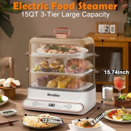 Electric Food Steamer for Cooking, 15QT Vegetable Steamer with 3-Tier