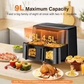 9L Dual Air Fryer with Visual Window, XL Capacity, 2 Drawers, 9-In-1 C