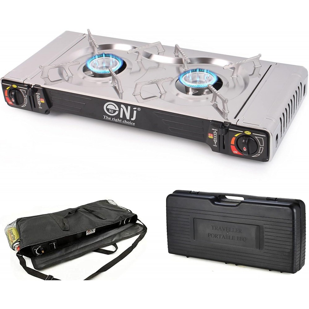 Double Burner Camping Stove - Portable Butane Gas Cooker with Case and