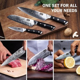 SHAN ZU Damascus Knife Set 3 PCS, Japanese Super Steel Damascus Kitche