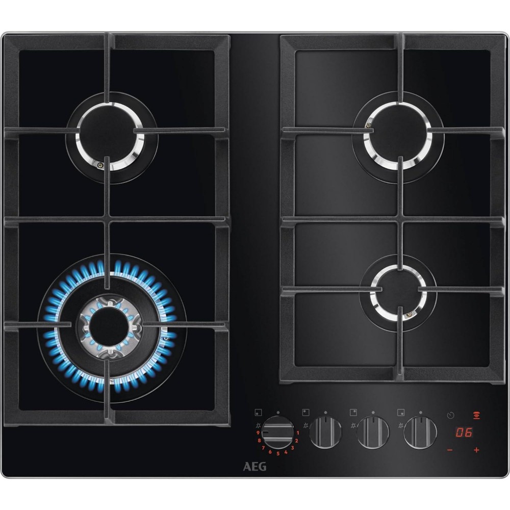 AEG HKB64450NB FlameLight Gas Hob, 4 Burners, 59cm, Gas-on-Glass Cookt