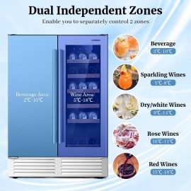 COSTWAY Dual Zone Wine Beverage Fridge, 18 Bottles & 57 Cans Double Do