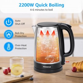 Aigostar Electric Kettle, 1.7L Quiet Fast Boil Kettle Cordless, Boil-d