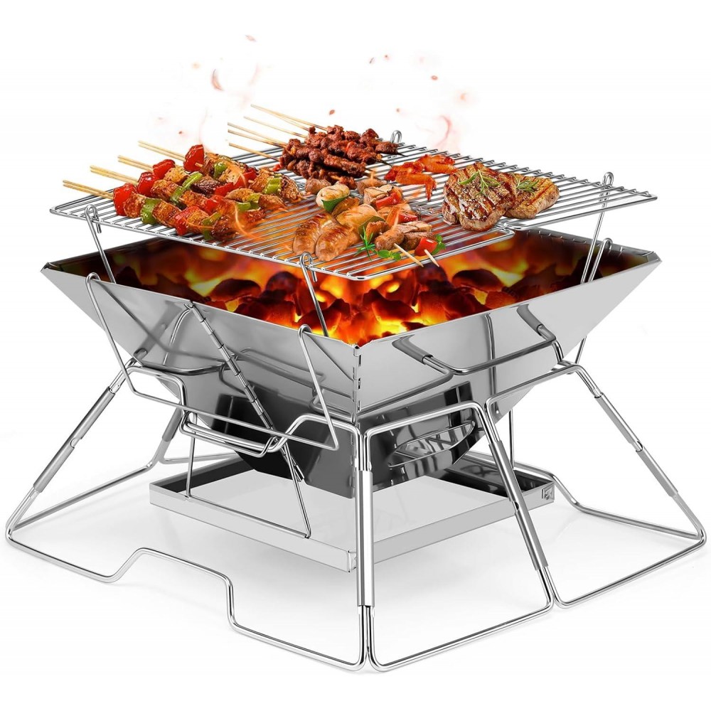 Portable Charcoal BBQ Grill For Camping: Small Folding Fire Pit Stainl