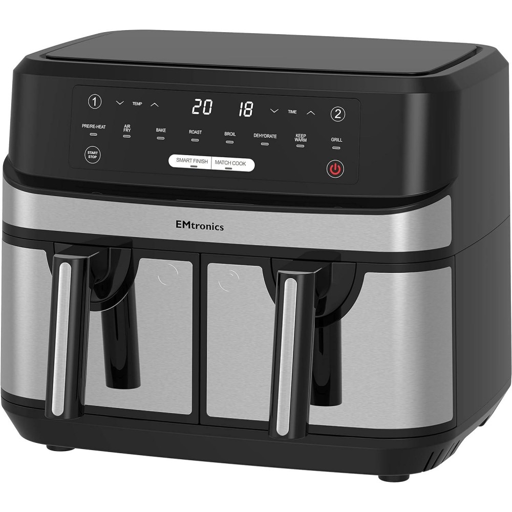 EMtronics Dual Air Fryer Extra Large Family Size Double XL 9 Litre wit