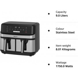 EMtronics Dual Air Fryer Extra Large Family Size Double XL 9 Litre wit