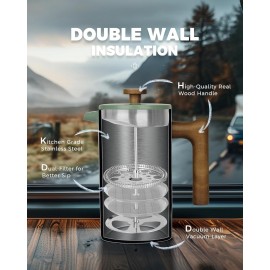 POLIVIAR Cafetiere 8 Cup- French Press Coffee Maker with Wood Handle-