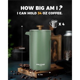 POLIVIAR Cafetiere 8 Cup- French Press Coffee Maker with Wood Handle-