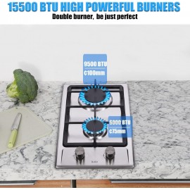 2 Burner Propane Gas Cooktop, 12 Inch LPG/NG Dual Fuel Built-in Gas St
