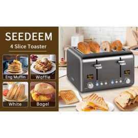 SEEDEEM 4 Slice Toaster, Stainless Steel Bread Toaster with 2 LCD Disp