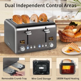 SEEDEEM 4 Slice Toaster, Stainless Steel Bread Toaster with 2 LCD Disp