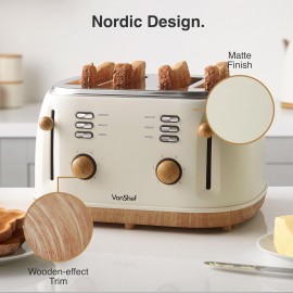 VonShef 4 Slice Toaster - Nordic Cream Design, 6 Browning Settings, Wi