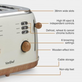 VonShef 4 Slice Toaster - Nordic Cream Design, 6 Browning Settings, Wi
