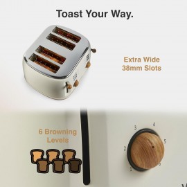 VonShef 4 Slice Toaster - Nordic Cream Design, 6 Browning Settings, Wi