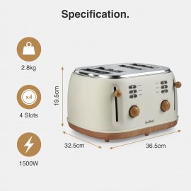 VonShef 4 Slice Toaster - Nordic Cream Design, 6 Browning Settings, Wi